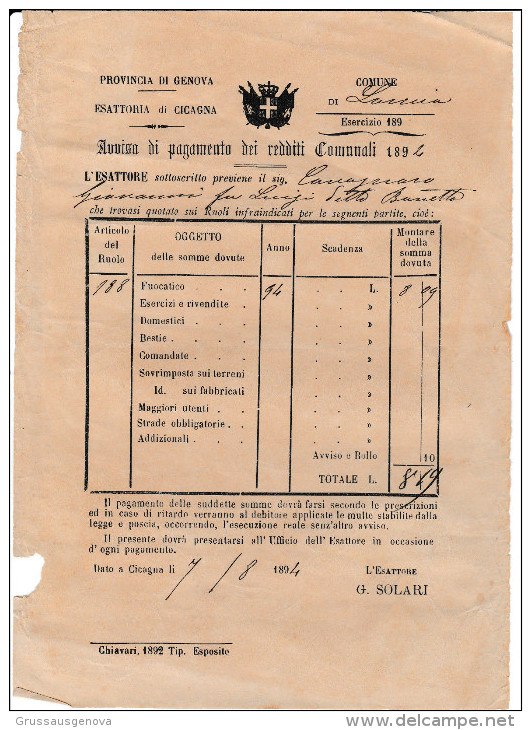 DOC1) PROVINCIA GENOVA ESATTORIA CICAGNA PAGAMENTO FUOCATICO 1894 TASSA SUL FOCOLARE DIMENSIONI 15,5 X 22 Cm - Italia