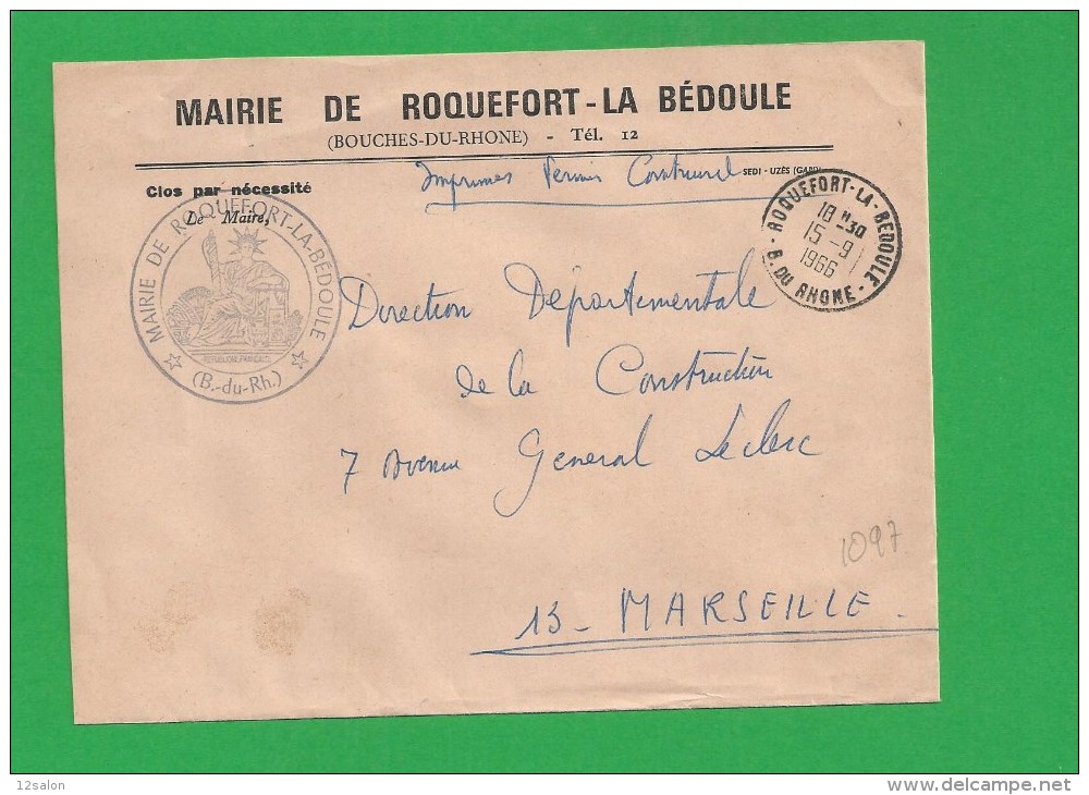 LETTRE BOUCHES DU RHONE ROQUEFORT LA BEDOULE En Franchise - 1961-....