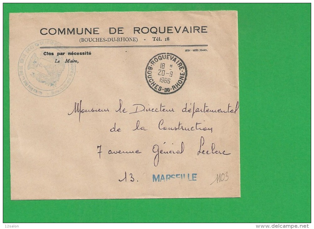 LETTRE BOUCHES DU RHONE ROQUEVAIRE En Franchise - 1961-....