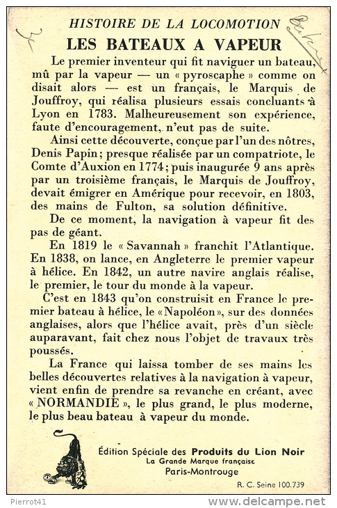 PUBLICITÉ - BATEAUX - HISTOIRE DE LA LOCOMOTION - Les Bateaux à Vapeur - Edit. Produits Du LION NOIR - Publicité