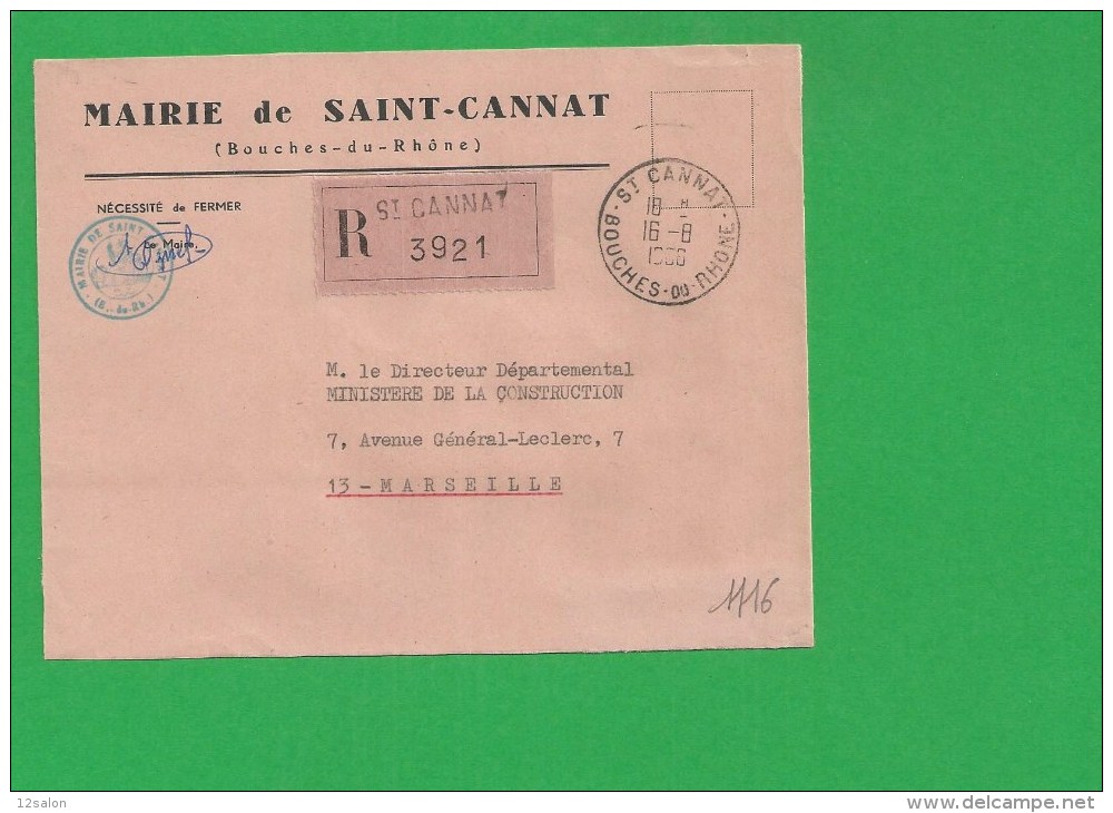 LETTRE BOUCHES DU RHONE SAINT CANNAT Recommandé En Franchise - 1961-....