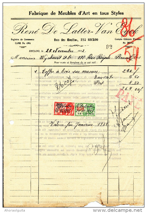 MEUBLES D' ART De Latter - Van Eyck à EECLOO - 3 Factures Différentes + Fiscaux 1929/32/37  --  22/512 - Autres & Non Classés