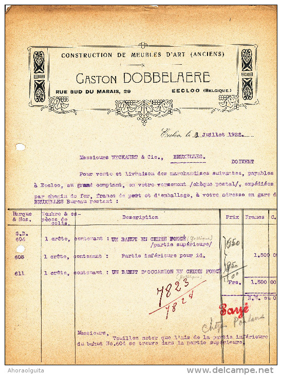 MEUBLES D´ ART Dobbelaere à EECLOO - 2 Factures Différentes + 1 Fiscaux 1922/27  --  22/513 - Autres & Non Classés