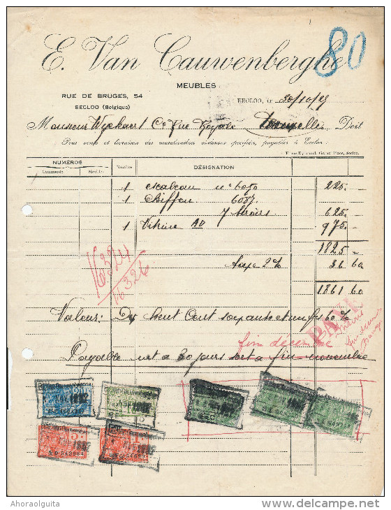 MEUBLES Van Cauwenberghe-De Muynck à EECLOO - 2 Factures + Fiscaux 1925/29  --  22/516 - Autres & Non Classés