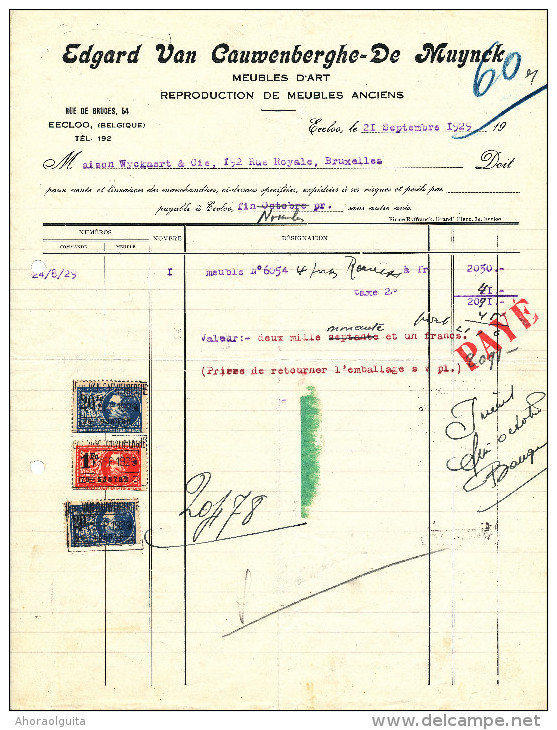 MEUBLES Van Cauwenberghe-De Muynck à EECLOO - 2 Factures + Fiscaux 1925/29  --  22/516 - Autres & Non Classés