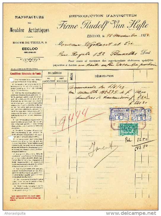 MEUBLES D´ ART Rudolf Van Hyfte à EECLOO - 2 Factures + Fiscaux 1923/29  --  22/518 - Autres & Non Classés