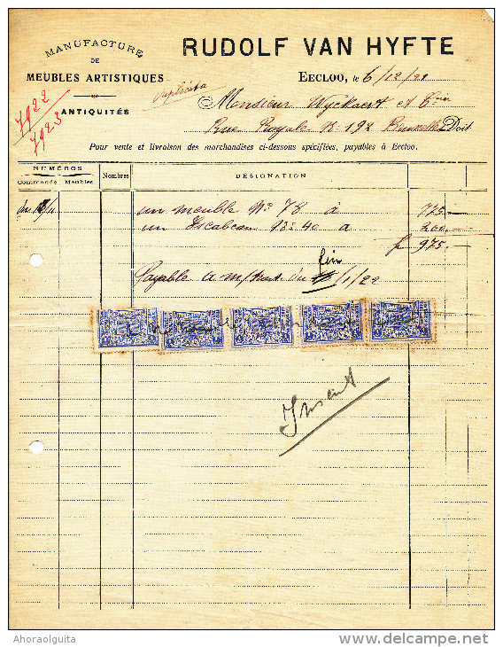 MEUBLES D´ ART Rudolf Ou Pierre Van Hyfte à EECLOO - 1 Facture + Fiscaux Et 2 Mandats 1922/23  --  22/519 - Autres & Non Classés