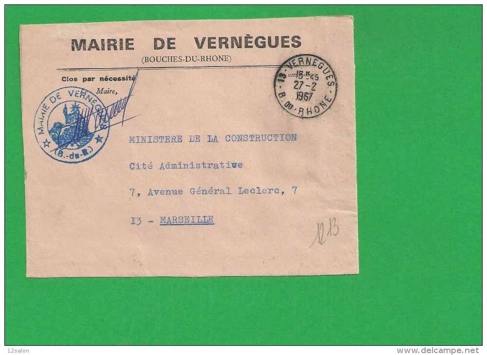 LETTRE BOUCHES DU RHONE VERNEGUES En Franchise - 1961-....