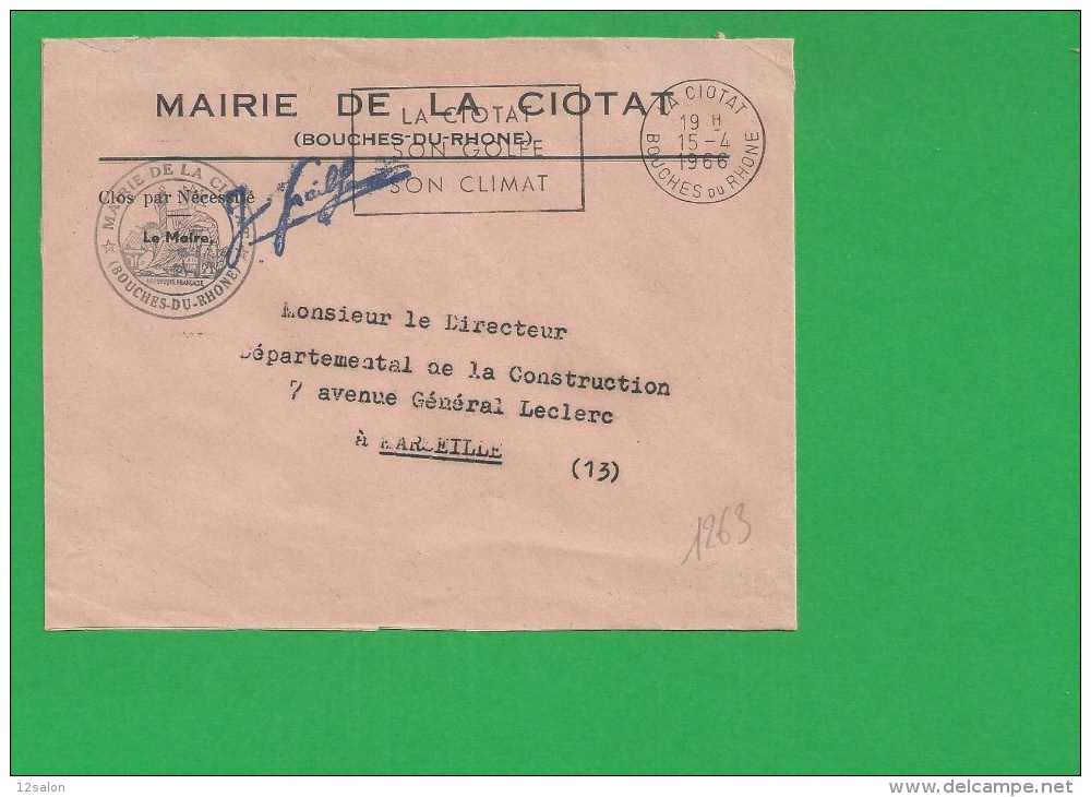 LETTRE BOUCHES DU RHONE LA CIOTAT Secap Son Golfe Son Climat Tadd à Droite En Franchise - 1961-....