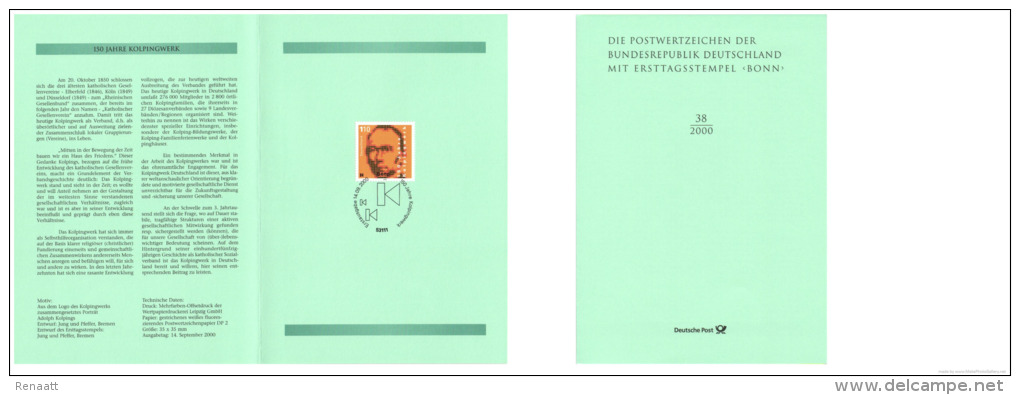 Germany 2000 Mi. 2135 FDC Folder Deutsche Post, Adolph Kolping, German Catholic Priest Kolpingwerk Support Young Workers - Cristianismo