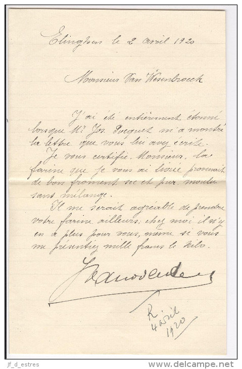 Lettre De M. A. J. Van Overstraeten, Meunier En Colère à Elinchen, à Louis Weissenbruch 1920 - Levensmiddelen