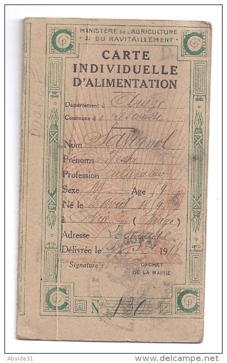 Ariège -  Carte D' Alimentation SUCRE  1920 - Commune LESCOUSSE ( 2 Scans ) - Documents Historiques