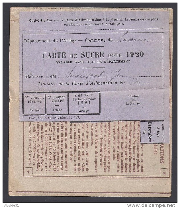 Ariège -  Carte D' Alimentation SUCRE  1920 - Commune LESCOUSSE ( 2 Scans ) - Documents Historiques