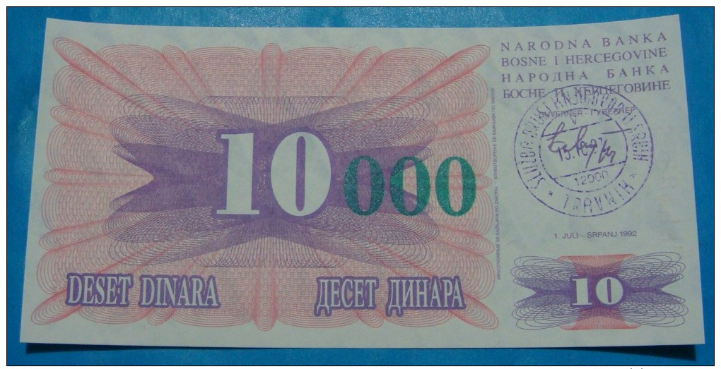 BOSNIA & HERZEGOVINA 10,000 DINARA 1993 UNC. SMALL GREEN ZEROS - Bosnië En Herzegovina