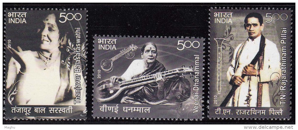 India MNH 2010, Set Of 3, Musicians, Music, Veenai Dhannamal, T N Rajarathinam, Thanjavr Balasaraswathi, Wonem, - Unused Stamps