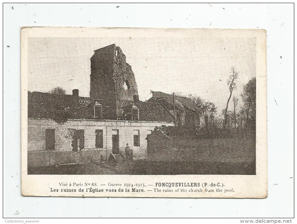 Cp , Militaria , Guerre 1914-15 , 62 , FONCQUEVILLERS , Les Ruines De L´église Vue De La Mare , Imp. : Bernard - Guerra 1914-18