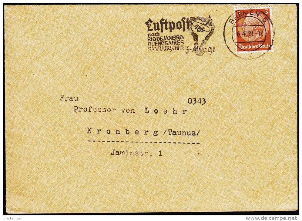 1939. 3 Pf. Hindenburg BREMEN 6.4.39 Luftpost To RIO DE JANEIRO BUENOS AIRES SANTIAGO, ... (Michel: 513) - JF190276 - Lettres & Documents