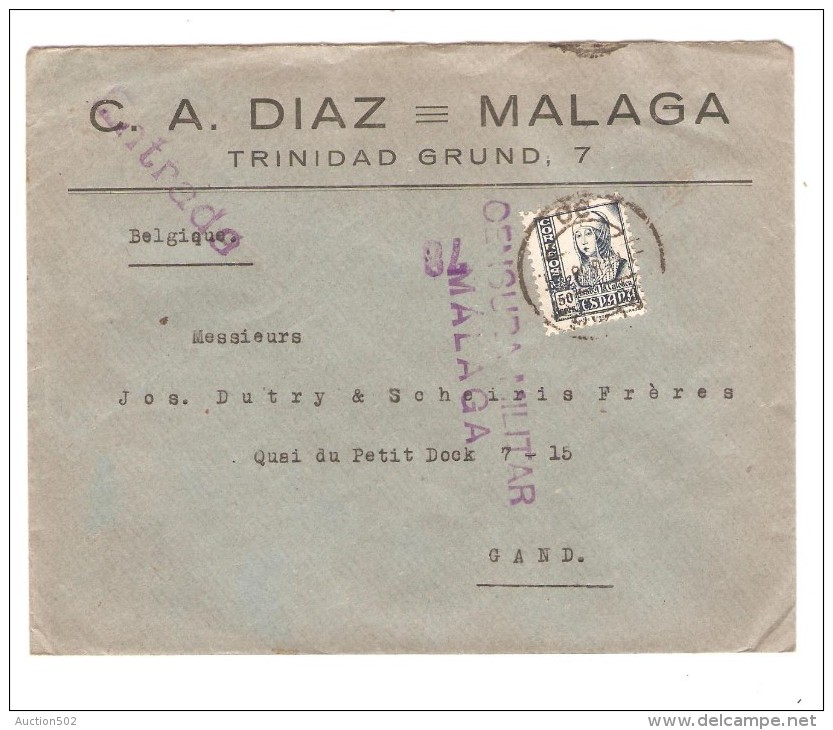 Spain Cover From Malaga Censura Militar Malaga 70 + Stamp Pro Malaga To Gand Belgium PR2558 - Lettres & Documents