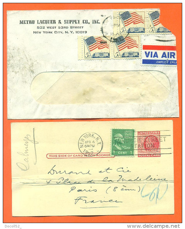 Etats Unis -lot 2 Enveloppe + Carte Postale De New York  à Paris - 1941-60