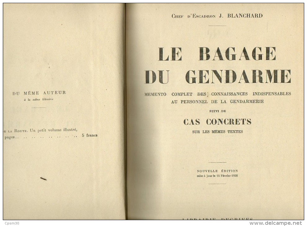 Livre - Bagage Du Gendarme; Mémento Des Connaissances Indispensables Au Personnel - 1938 - Right