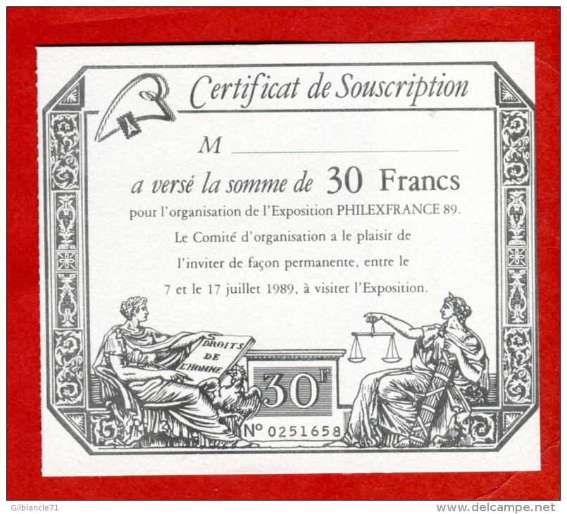 Exposition Philatélique PHILEXFRANCE 1989 Certificat De Souscription-verso Vignette Publicitaire Adhésive - Expositions Philatéliques