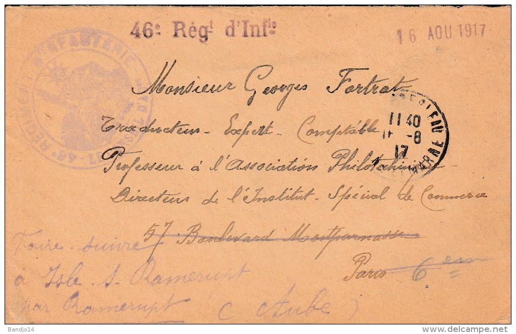 Fontainbleau - Cachet  46° Reg Infanterie - Lettre + Carte Postale - 1. Weltkrieg 1914-1918