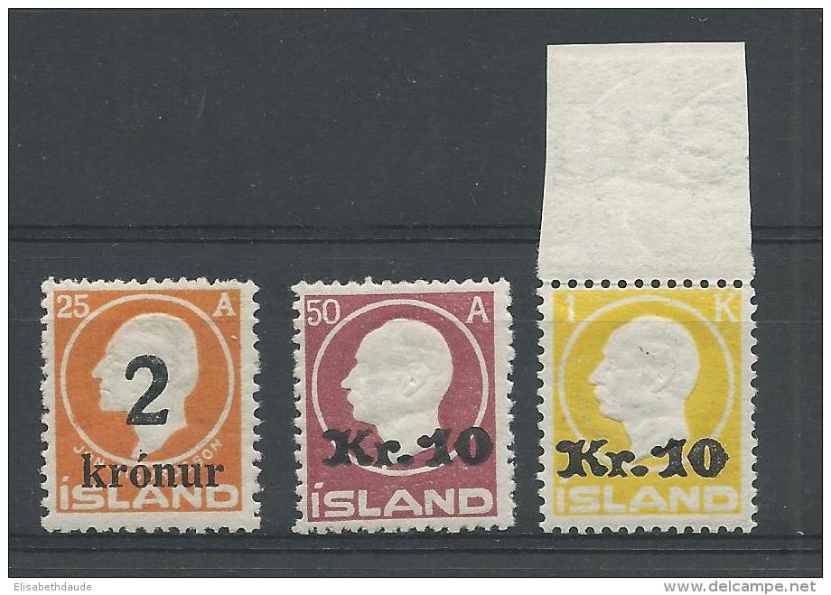 ISLANDE - 1924 - RARE YVERT N° 110/112 ** MNH (N°110 * MLH INFIME CHARNIERE) SIGNES SCHELLER - COTE = 1560 EUROS - Neufs