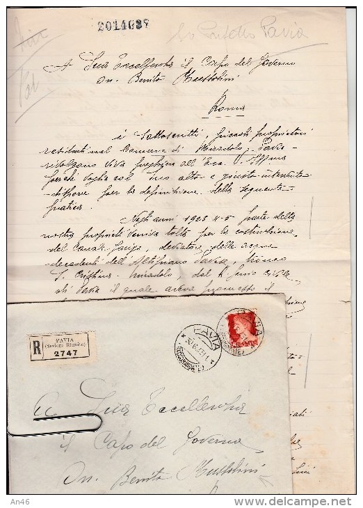 STORIA POSTALE-SU BUSTA-LETTERA DI 2 PAGINE FORMATO PROTOCOLLO SCRITTE SPEDITA A BENITO MUSSOLINI-ROMA - Poste