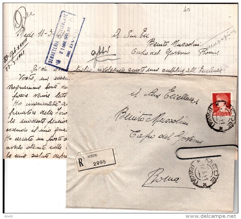 STORIA POSTALE-SU BUSTA-LETTERA RACCOMANDATA DI 2 PAGINE FORMATO PROTOCOLLO SCRITTE SPEDITA A BENITO MUSSOLINI-ROMA- - Post