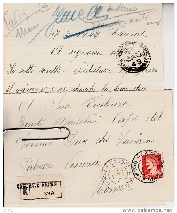 STORIA POSTALE-SU BUSTA-LETTERA RACCOMANDATA DI 2 PAGINE FOGLIO DOPPIO SCRITTE SPEDITA A BENITO MUSSOLINI-ROMA - Poste