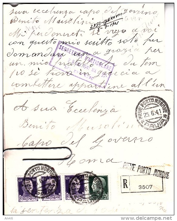 STORIA POSTALE-SU BUSTA E LETTERA RACCOMANDATA DI 4 PAGINE FOGLIO DOPPIO SCRITTE SPEDITA A BENITO MUSSOLINI-ROMA - Poste