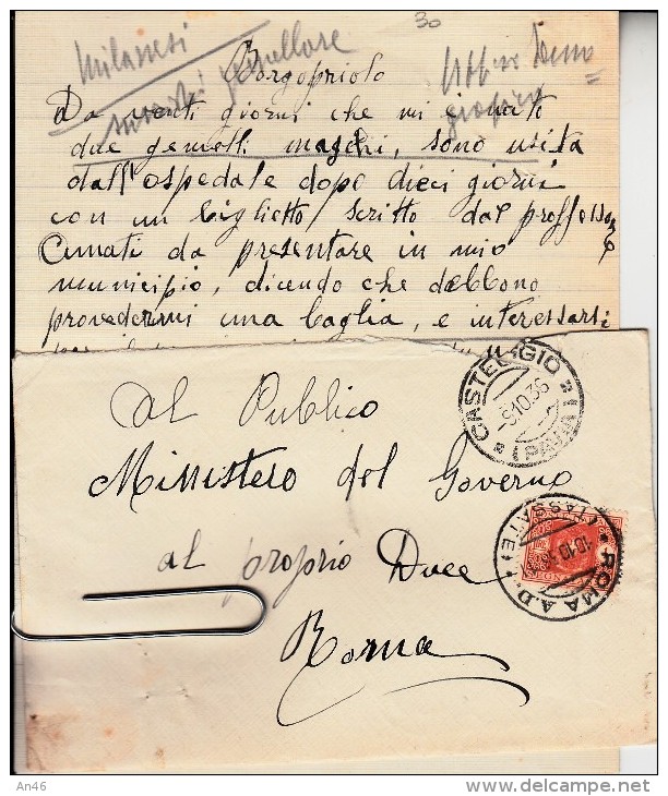 STORIA POSTALE-SU BUSTA E LETTERA DI 2 PAGINE FOGLIO DOPPIO SCRITTE SPEDITA A BENITO MUSSOLINI-ROMA - Poste