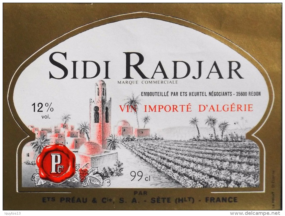 ETIQUETTE  De VIN ROUGE 12° Importé D'Algérie - Sidi Radjar 99cl - T. B-E  - - Rouges