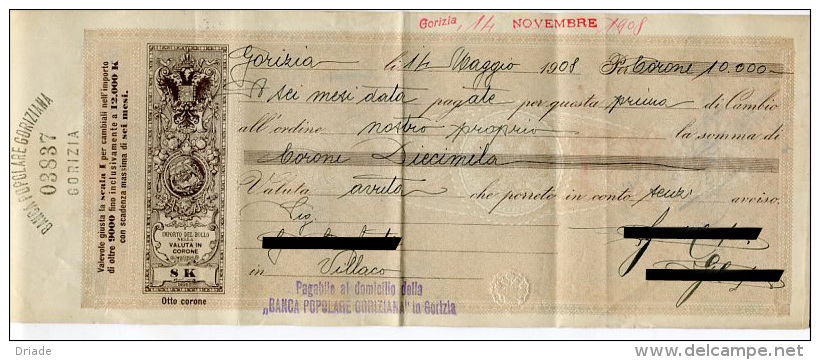 CAMBIALE BANCA POPOLARE GORIZIANA ANNO 1908 - Other & Unclassified