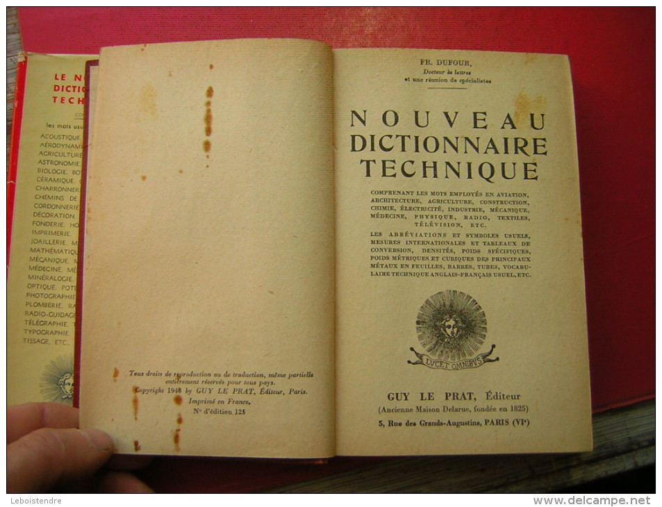 FRANCOIS DUFOUR  NOUVEAU DICTIONNAIRE TECHNIQUE  GUY LE PRAT EDITIEUR 1948   AVEC JAQUETTE  AVIATION  ARCHITECTURE CONS