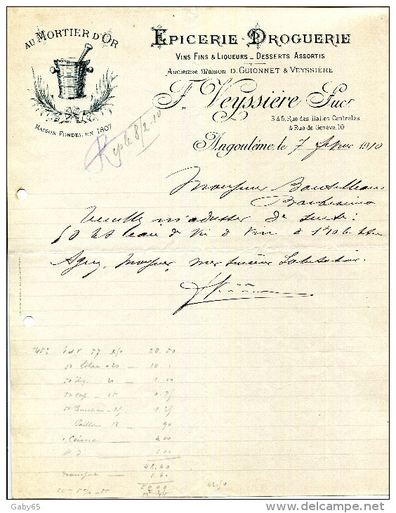 16.CHARENTE.ANGOULEME.EPICERIE.DROGUERIE.AU MORTIER D'OR.F.VEYSSIERE 3 & 5 RUE DES HALLES CENTRALES & 10 RUE DE GENEVE. - Alimentaire