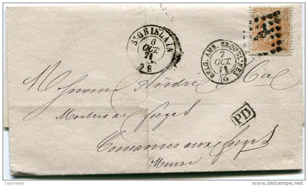 BELGIQUE LETTRE AFFRANCHIE AVEC LE N°33 OBLITERATION 322 DEPART ST GHISLAIN 6 OCT. 71 POUR LA FRANCE - Postmarks - Points