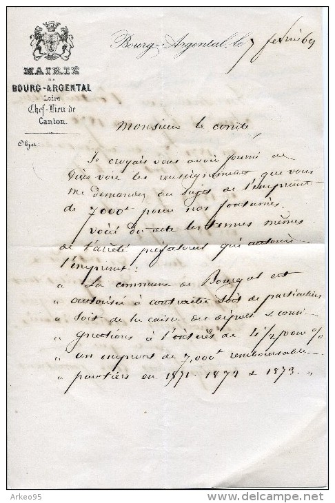 Lettre Du Maire De Bourg-Argental (Loire), 7/2/1869 - Historical Documents