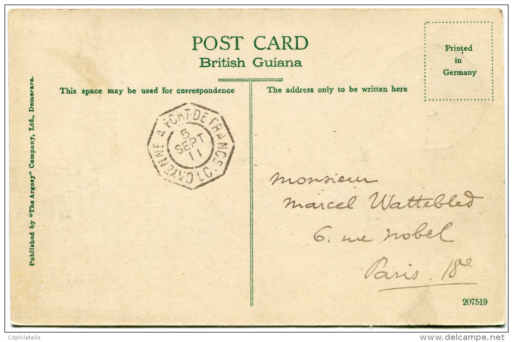 GUYANE BRITANNIQUE CARTE POSTALE DEPART GEORGETOWN 5 SEP 1911 B. GUIANA POUR LA FRANCE - British Guiana (...-1966)