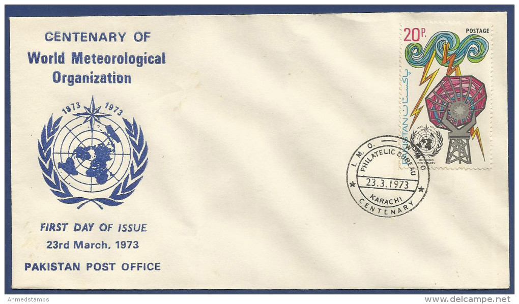 PAKISTAN 1973 MNH FDC FIRST DAY COVER CENTENARY OF WORLD METEOROLOGICAL ORGANIZATION METEOROLOGY LIGHTING WMO - Pakistan