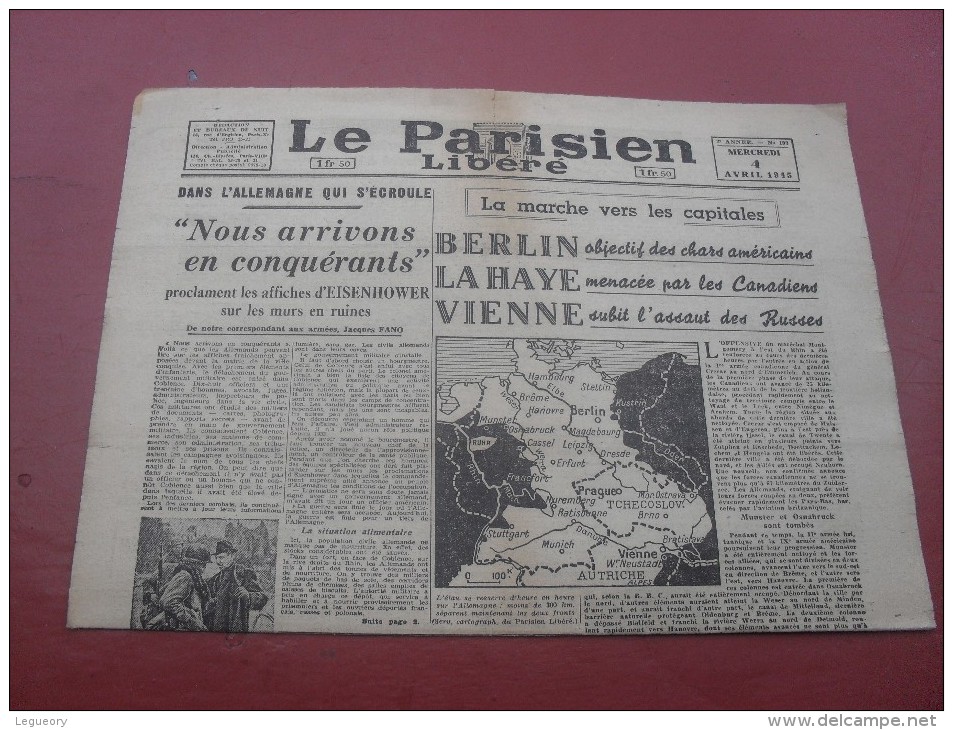 Le Parisien  Libéré  Mercredi 4 Avril  1945 - Andere & Zonder Classificatie