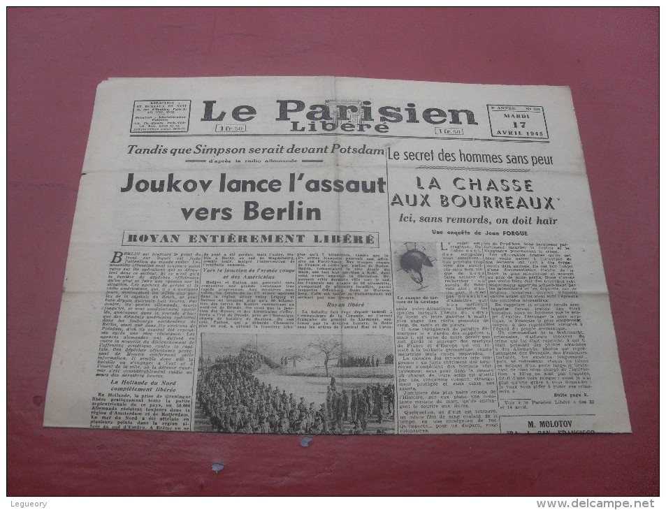 Le Parisien Liberé  Mardi  17 Avril 1945 - Other & Unclassified