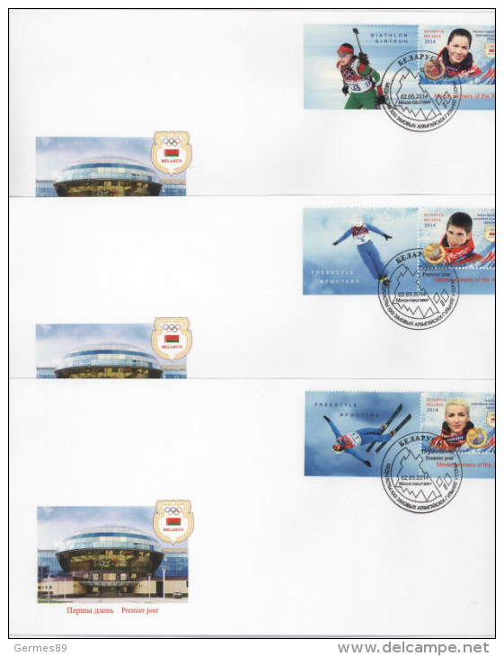 Belarus 2014, 3 FDC (v+label). Medal Winners Of Olympic Games In Sochi. Sport, Biathlon. Cover. - Hiver 2014: Sotchi