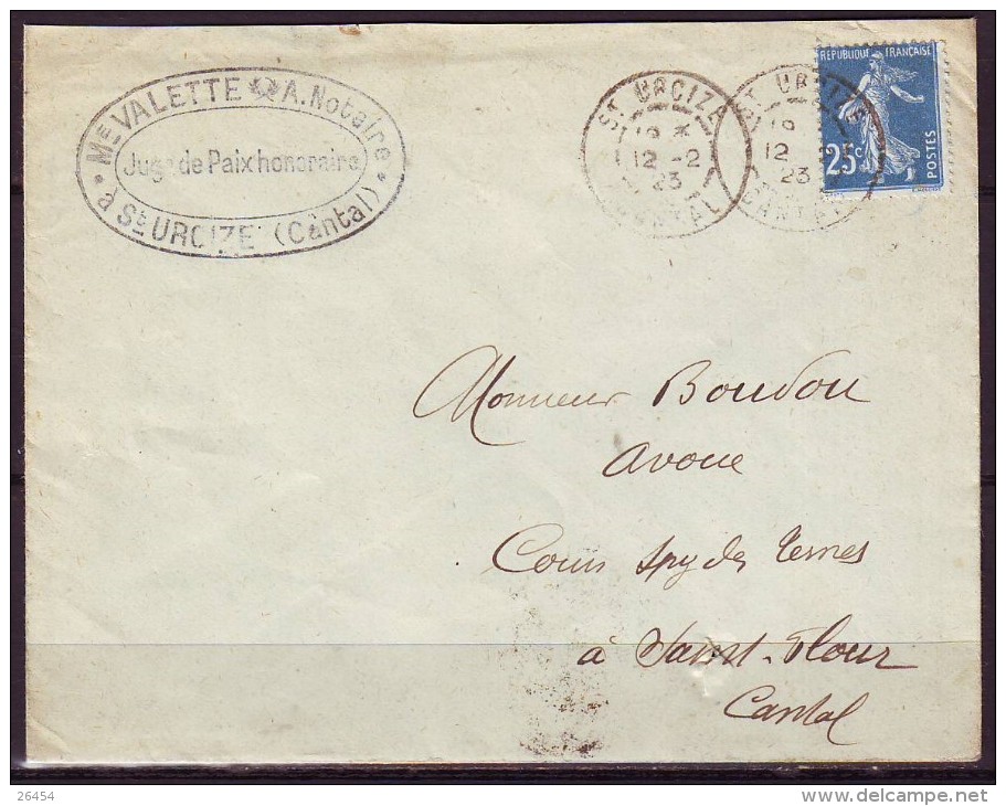 Lettre  De ST URCIZE Cantal  Le 12 2 1923 Avec SEMEUSE 25c Bleu Pour ST FLOUR - 1906-38 Semeuse Camée