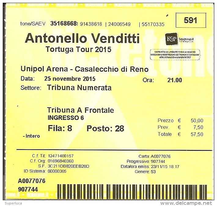 T-ANTONELLO VENDITTI TORTUGA TUOR 2015-BOLOGNA - Biglietti D'ingresso