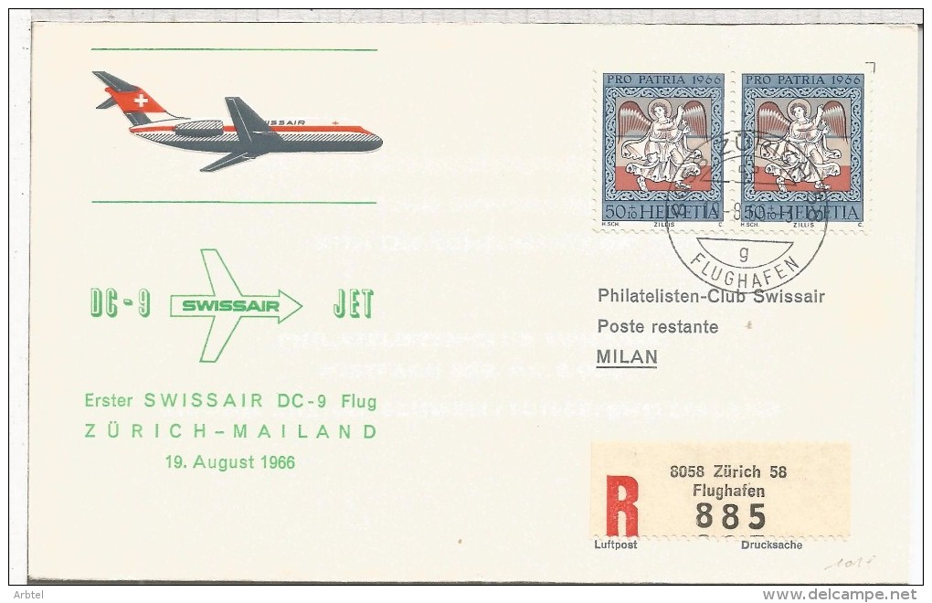 SUIZA 1966 CC PRIMER VUELO ZURICH MILANO AL DORSO LLEGADA - Primi Voli