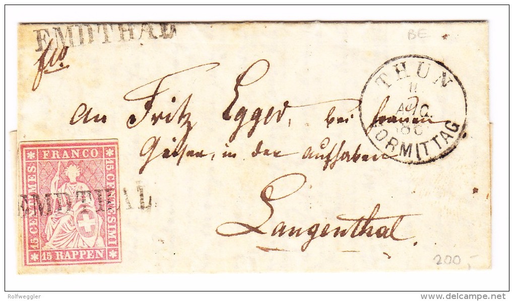 Heimat BE EMDTHAD Balkenstempel Mit 15Rp. Strubel 11.8.1861 Brief Nach Langenthal - Storia Postale