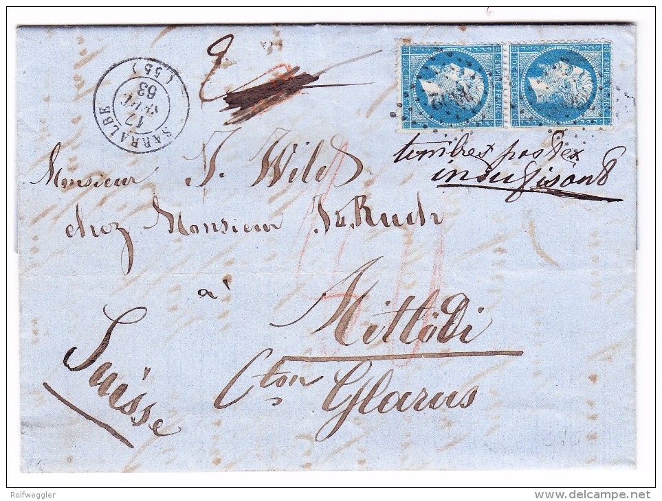 Heimat GL GLARUS 20.9.1863 AK-Stempel Auf Brief Aus Sarralbe Frankreich - 1849-1876: Période Classique