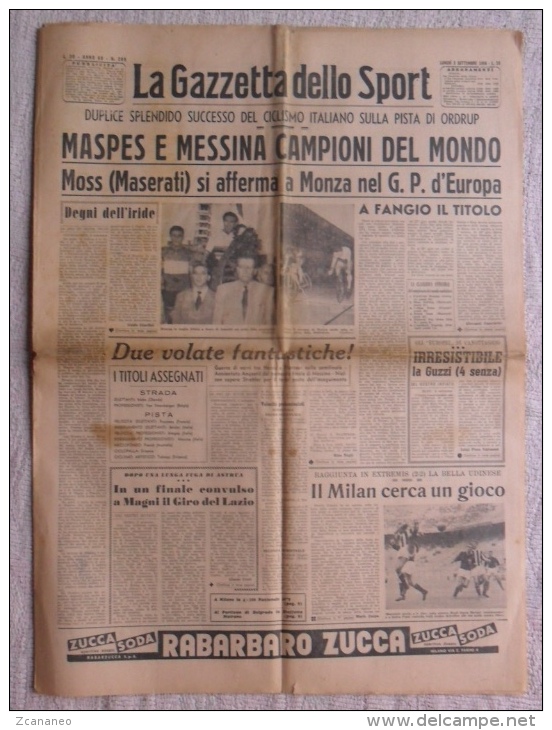 LA GAZZETTA DELLO SPORT 3-9-1956 MASPES E MESSINA CAMPIONI DEL MONDO DELLA VELOCITA' - - Sport