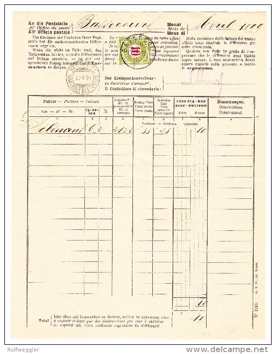 Heimat JU BASSECOURT 30.5.1899 Poststelle Beleg Mit 10Rp. Porto Marke - Portomarken